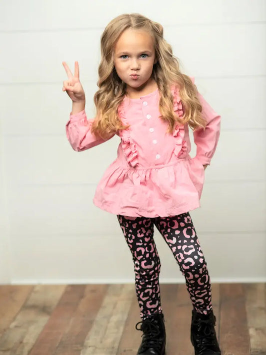 Pink Alice Ruffle Trim Peplum Top with Black and Pink Leopard Leggings