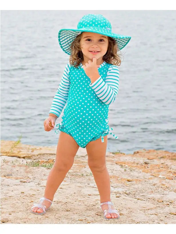 Ruffle Butts 1 piece aqua polka dot rashguard long sleeve swimsuit