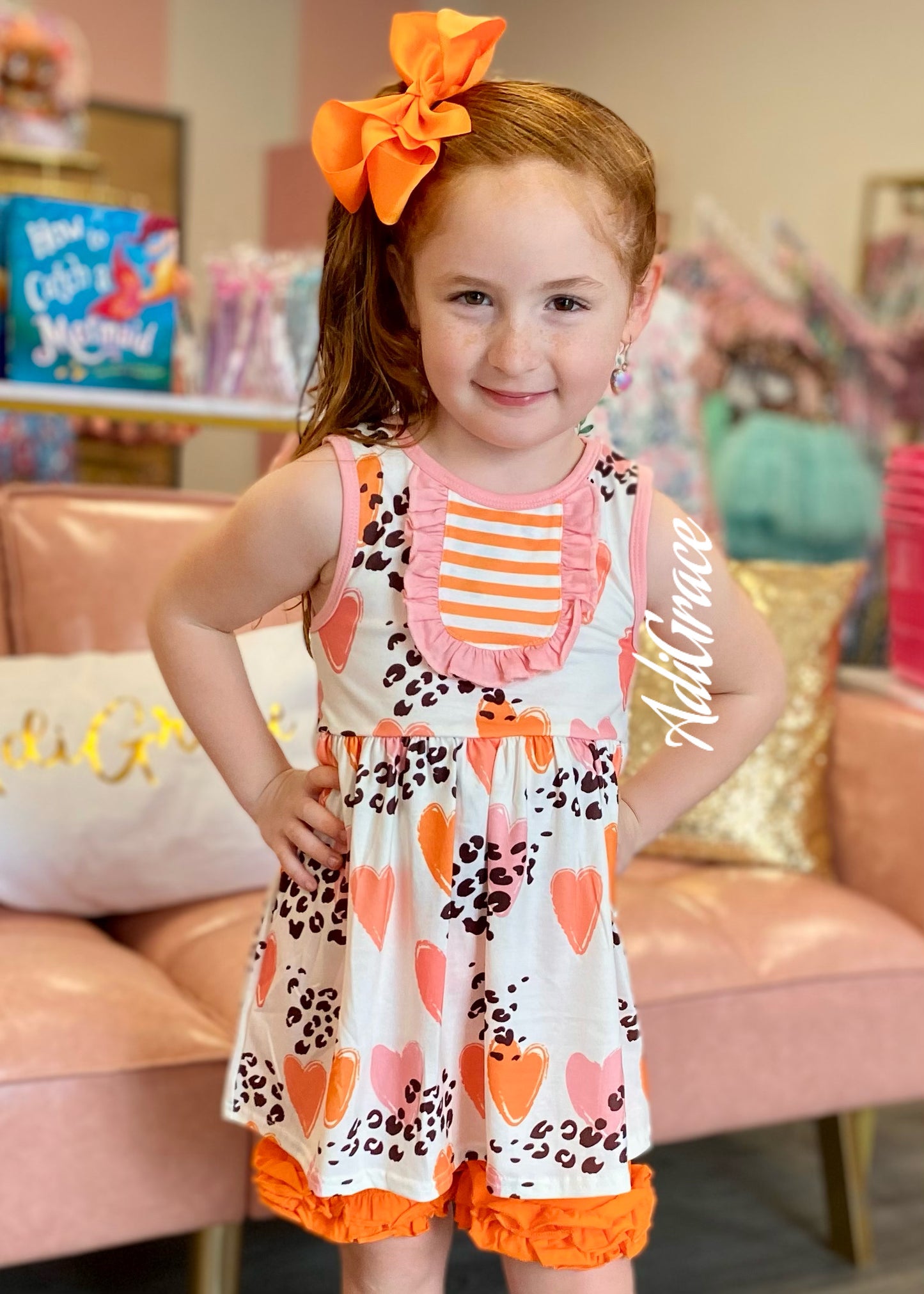 Cream Dress with Printed Hearts and Leopard Ruffle Bib