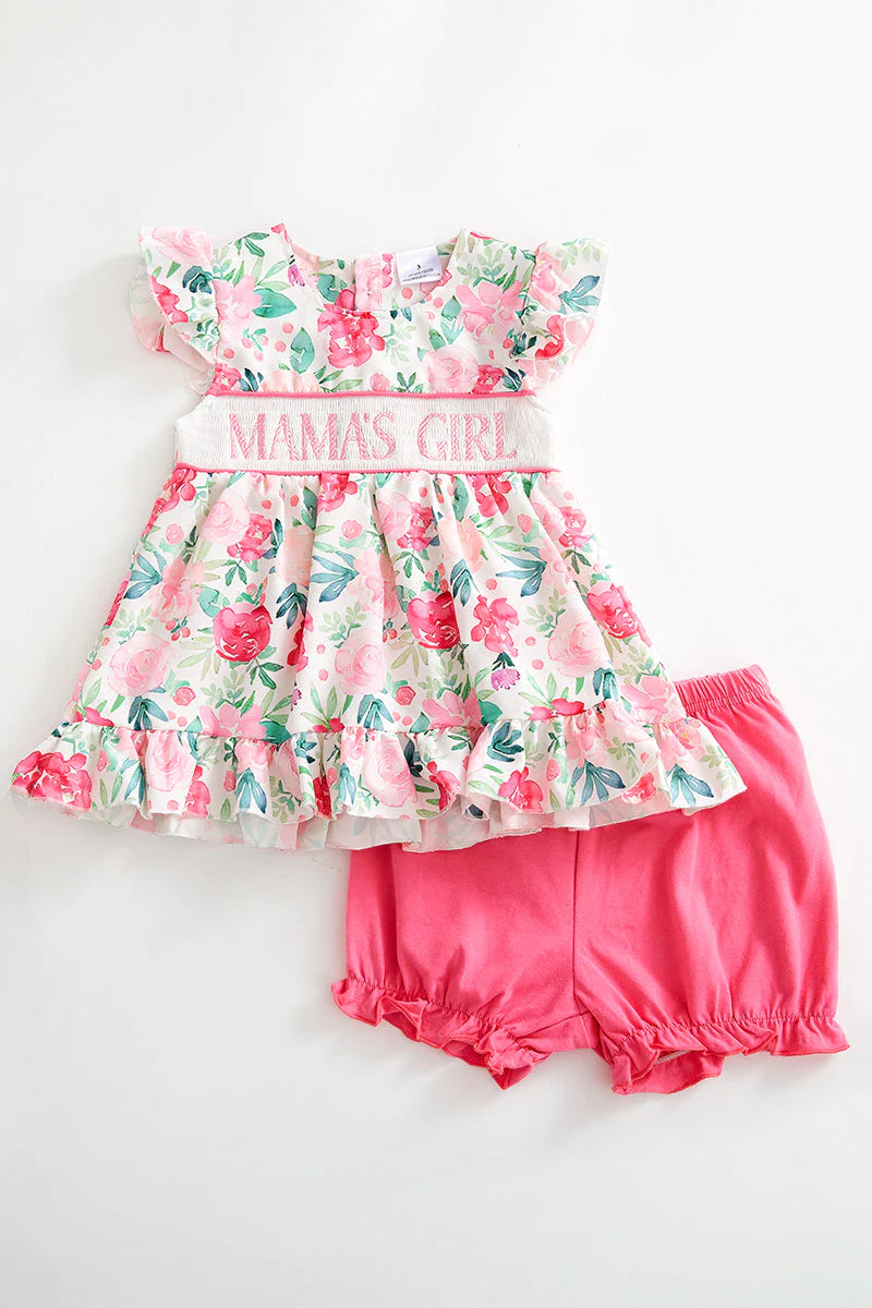 Pink Floral "Mama's Girl" Smocked Shorts Outfit