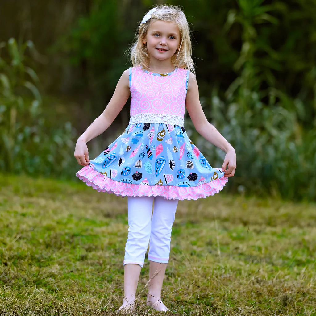 Girls Pink Seashells and White Capri Leggings Set