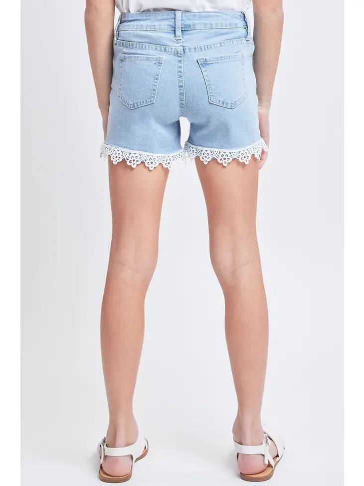 Denim Shorts with Lace Trimmed Hem