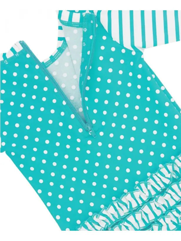 Aqua Polka Dot Long Sleeve One Piece Rash Guard Swimsuit