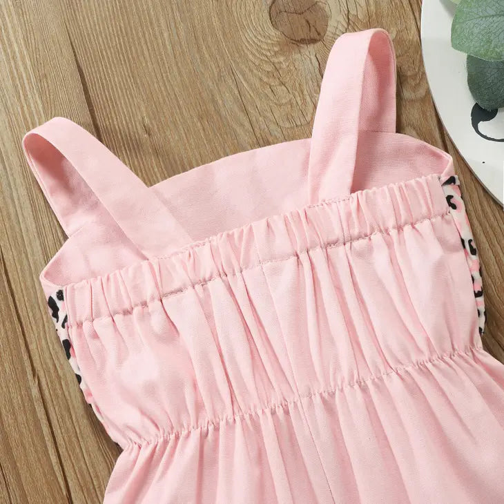 Pink Denim Leopard Print Bow Decor Sleeveless Baby Overalls
