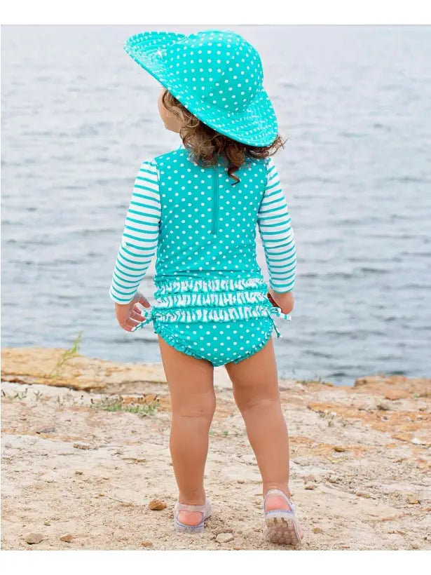 Ruffle Butts aqua polka dot long sleeve rash guard 1 piece swimsuit