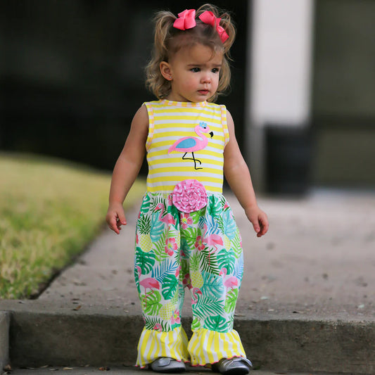 Baby Girl's Tropical Flamingo w/ Yellow Stripes Playsuit