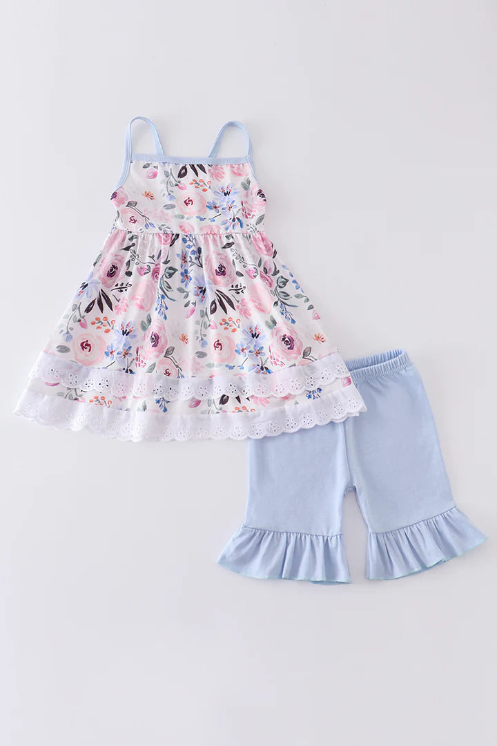 Blue Floral Ruffle Shorts Set