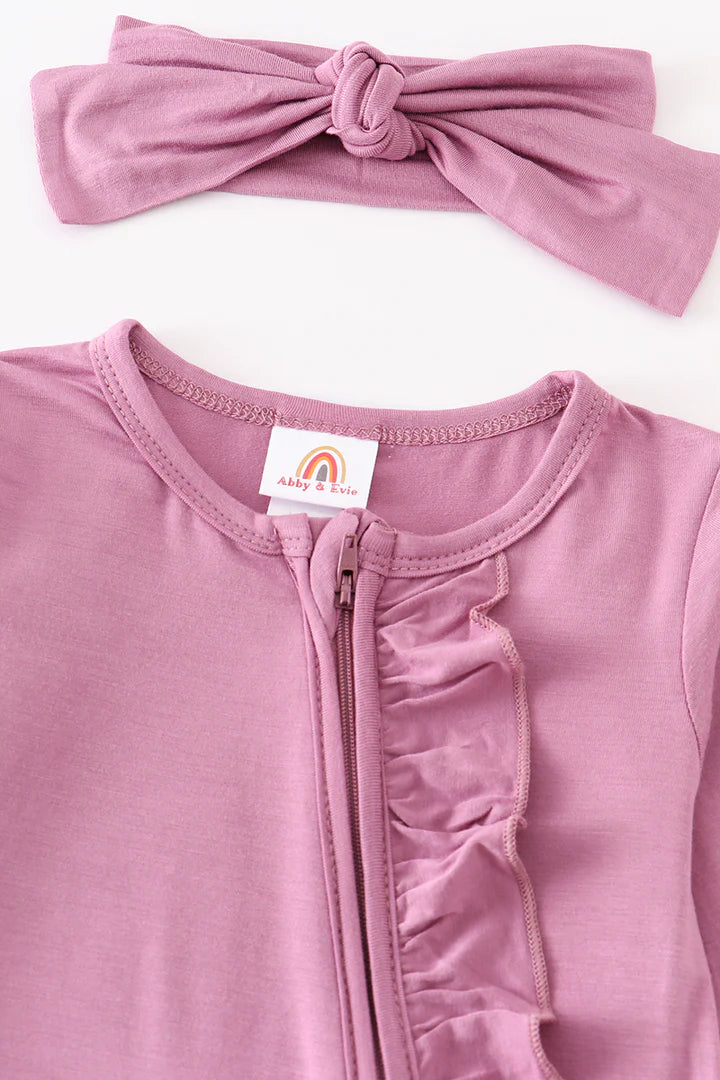 Lavender Colored Bamboo Ruffle Baby Romper with Matching Headband