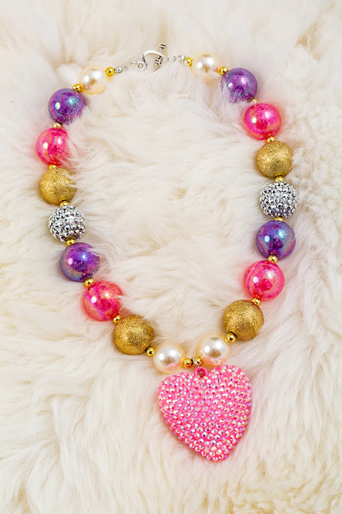 Pink Bling Heart Bubble Gum Necklace