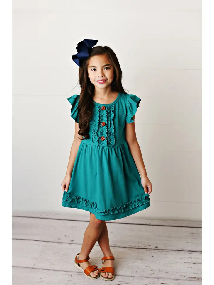 Dark Teal Ruffle Flutter Sleeve Button Dress