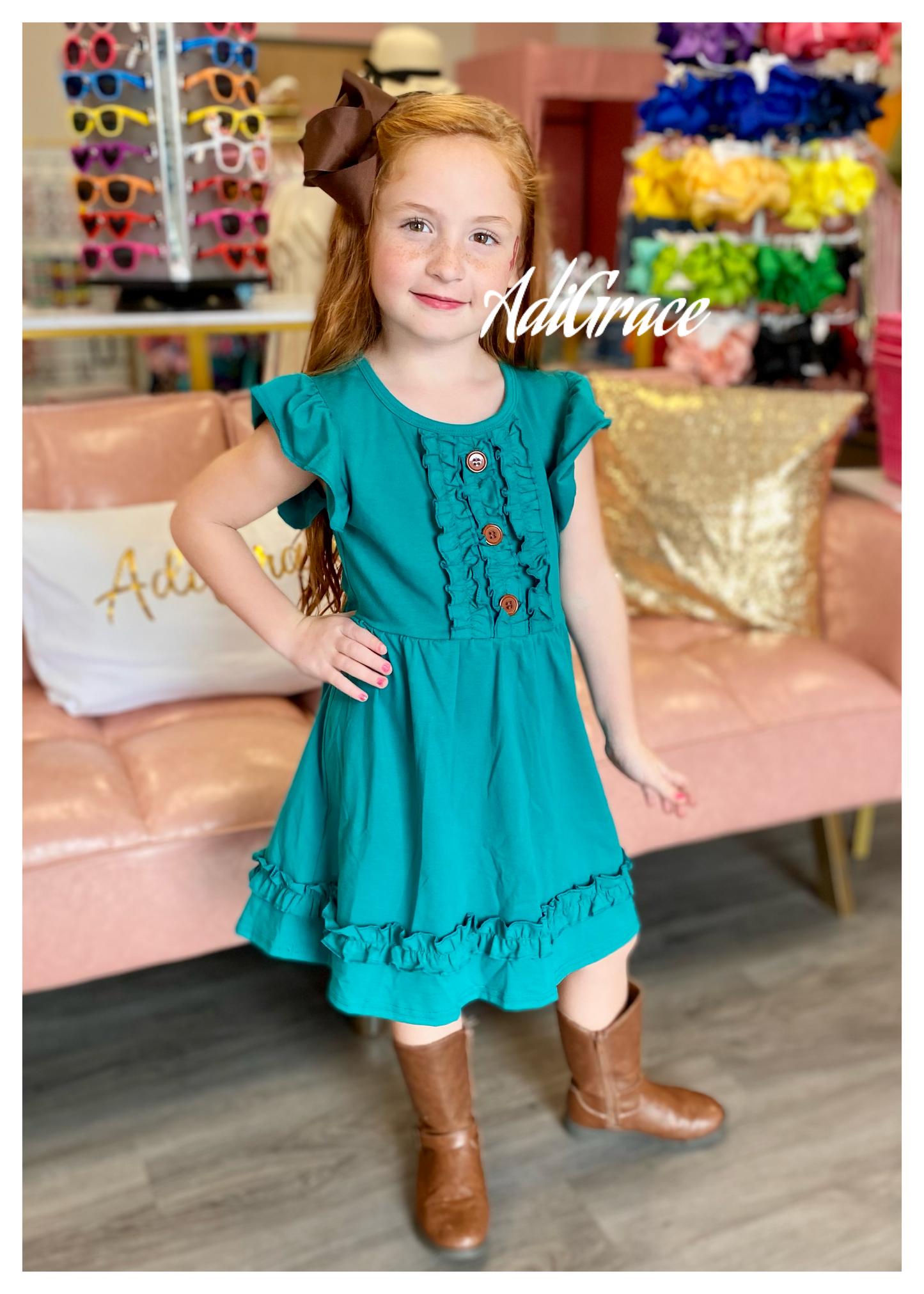 Dark Teal Ruffle Flutter Sleeve Button Dress