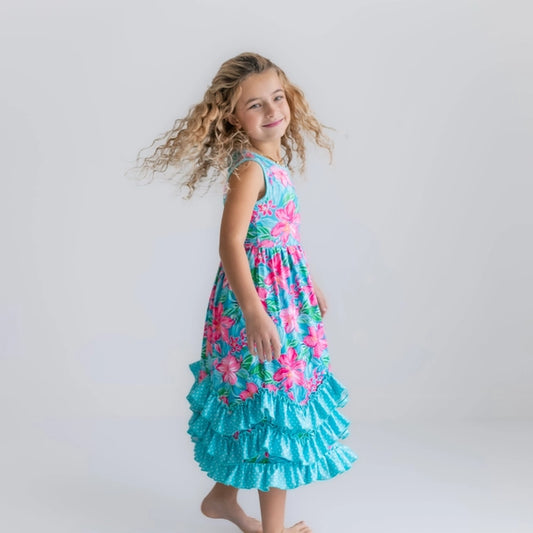 Pink and Blue Tropical Print Triple Ruffle Maxi Dress