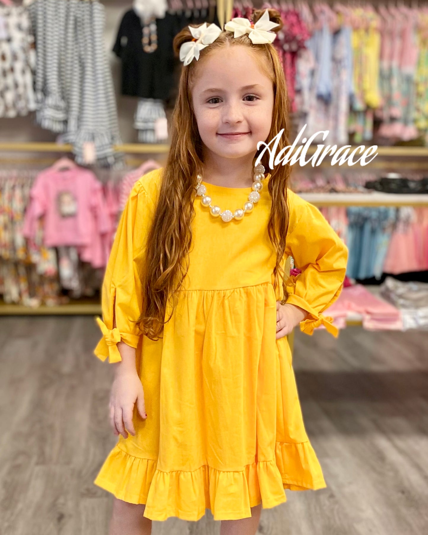 Mustard Ruffle Dress With Bow on Sleeve
