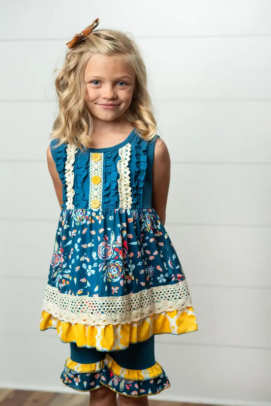 Blue and Mustard Floral Ruffle and Lace Shorts Set