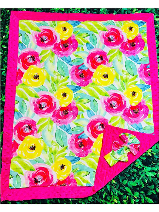 Pink and Yellow Floral Blanket with Matching Headband