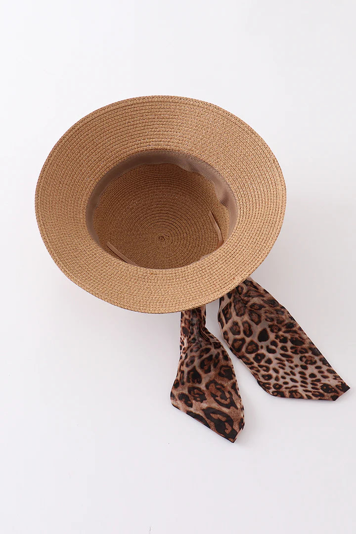 Leopard Straw Mom and Me Hat with Silk Ribbon- Kids