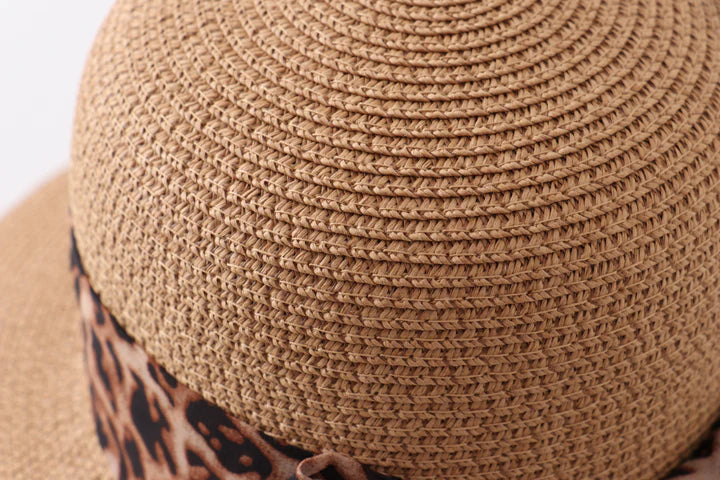 Leopard Straw Mom and Me Hat with Silk Ribbon- Kids