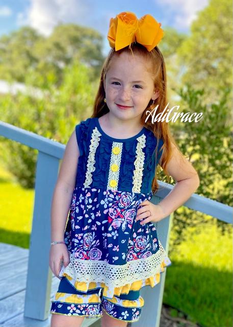 Blue and Mustard Floral Ruffle and Lace Shorts Set