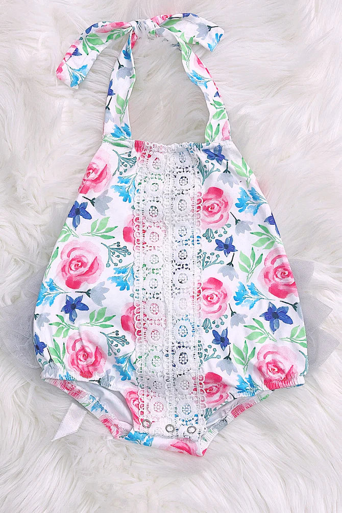 Floral Halter Top Baby Onesie with Tulle Ruffle Bottom