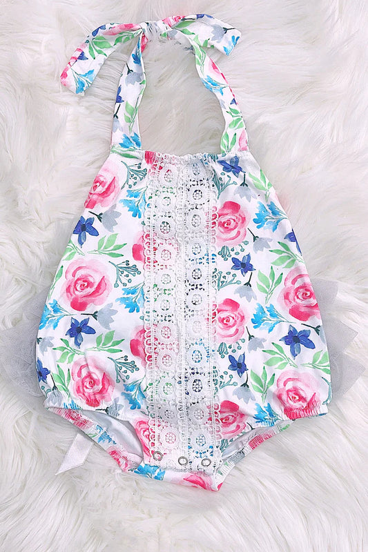 Floral Halter Top Baby Onesie with Tulle Ruffle Bottom