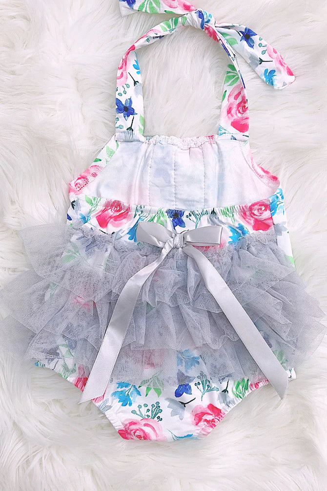 Floral Halter Top Baby Onesie with Tulle Ruffle Bottom