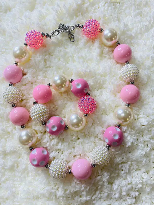 Pink and Cream Bubble Gum Bead Necklace and Bracelet (sold separately)