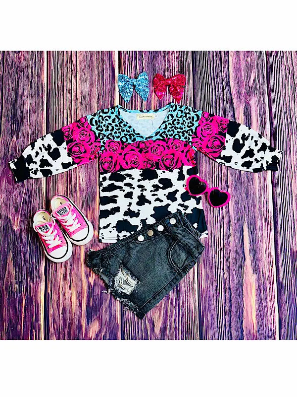 Pink and Turquoise Cow Print Shirt