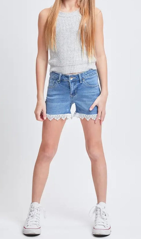 Denim Shorts with Lace Trimmed Hem