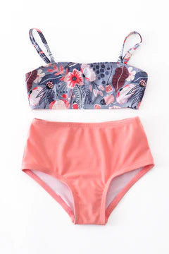 Blue and Coral Floral High Waist 2pc Mommy and Me Swimsuits - Womens