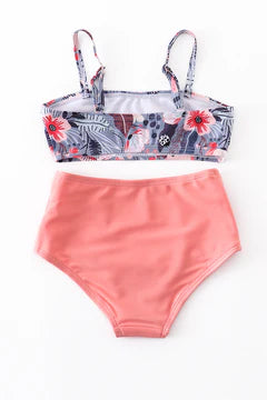 Blue and Coral Floral High Waist 2pc Mommy and Me Swimsuits - Womens
