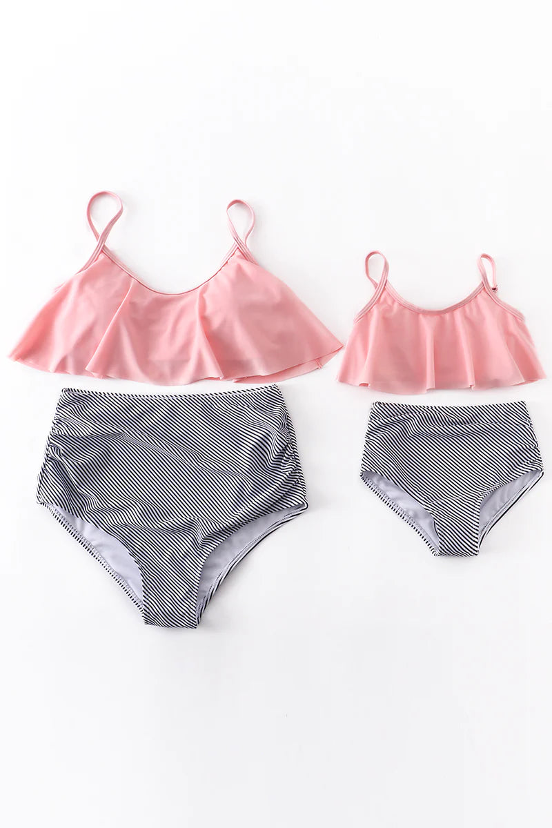 Pink Stripe ruffle 2 pcs Mommy and Me Swimsuit - Girls