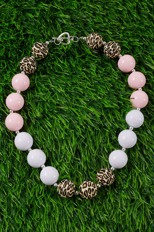 Leopard, Pink, and White Bubble Gum Necklace