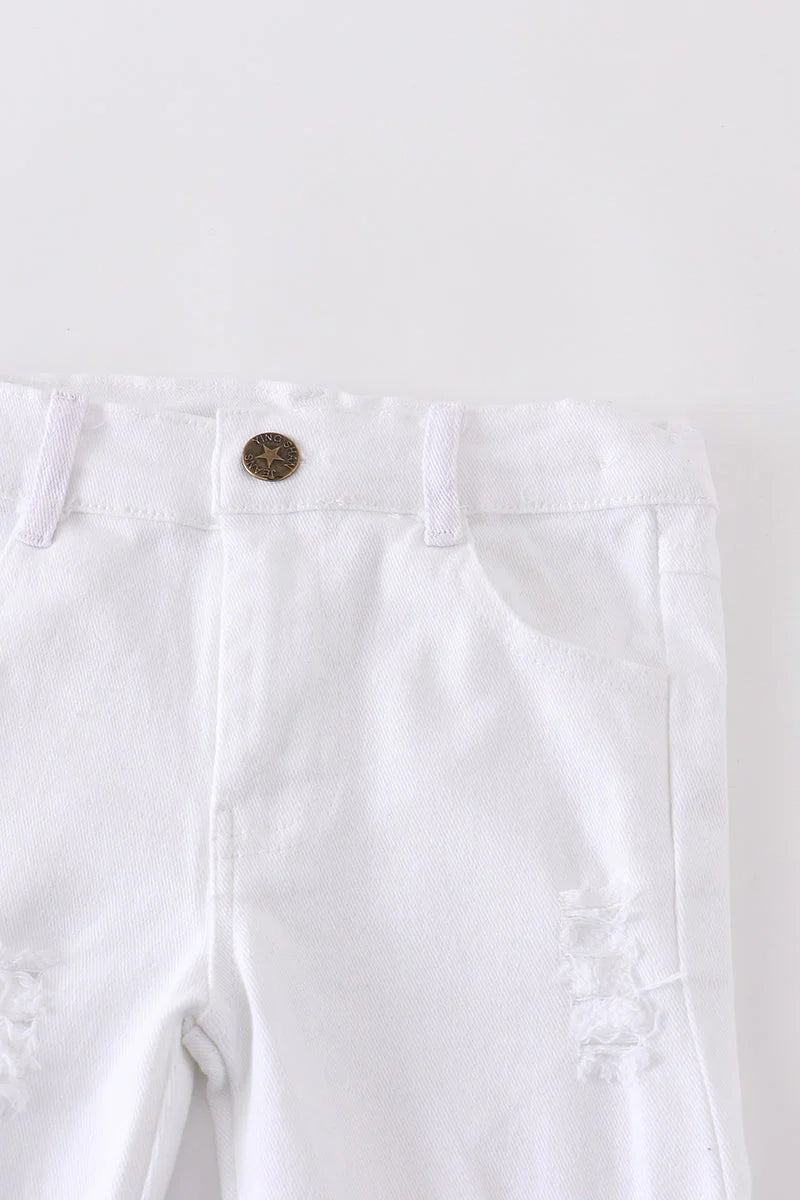 White Bell Bottom Ruffled Distressed Denim Jeans