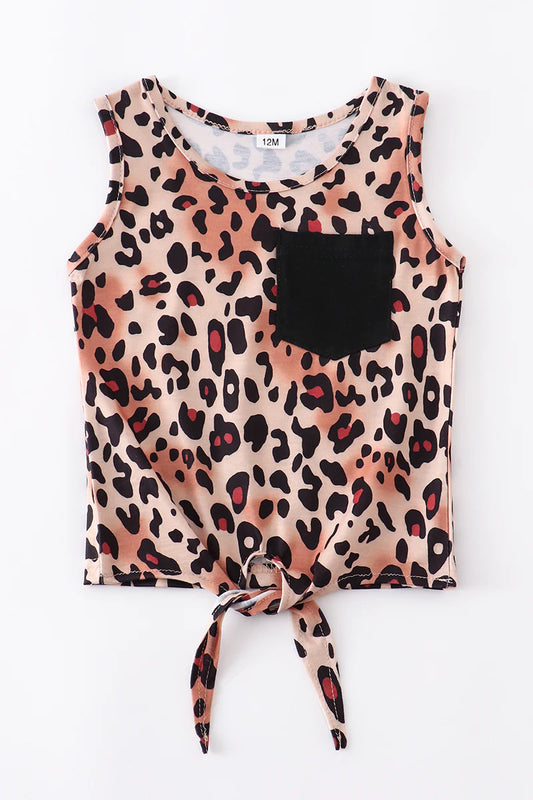 Brown Leopard Tank Top Tie Front Black Pocket