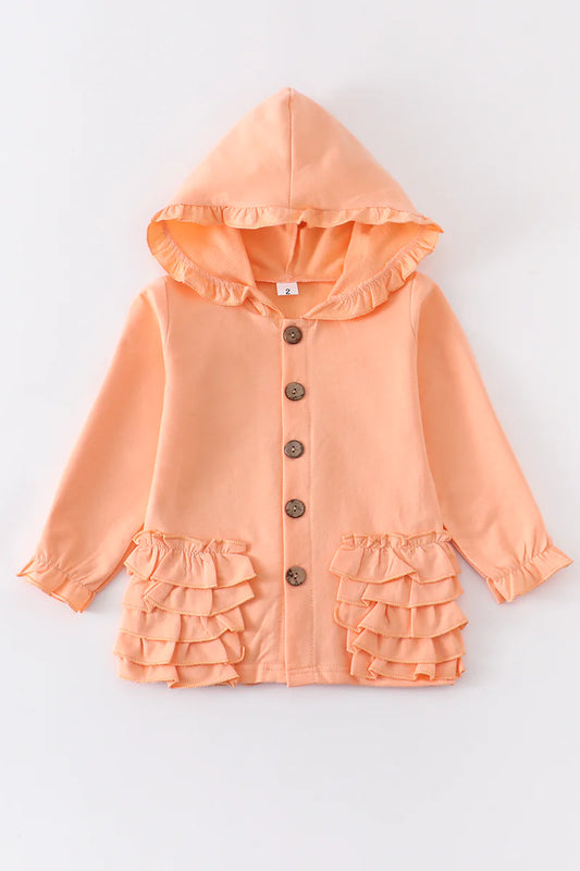 Peach Ruffle Bottom Button Down Hoodie Jacket