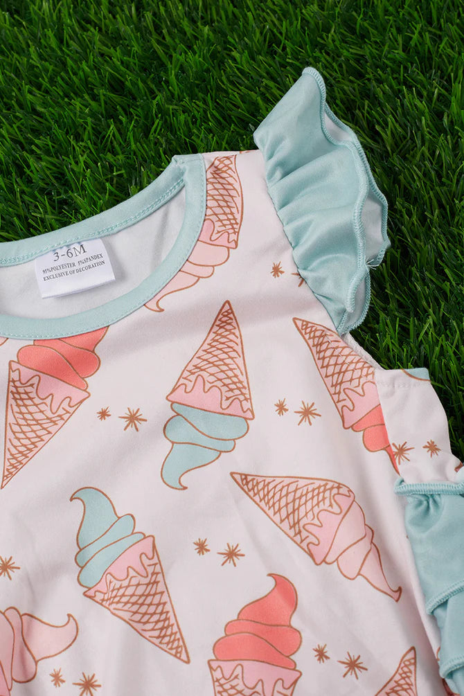 Ice Cream Print Multicolored Baby Romper with Ruffles