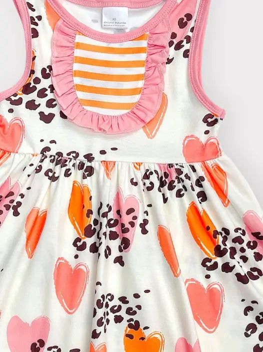 Cream Dress with Printed Hearts and Leopard Ruffle Bib