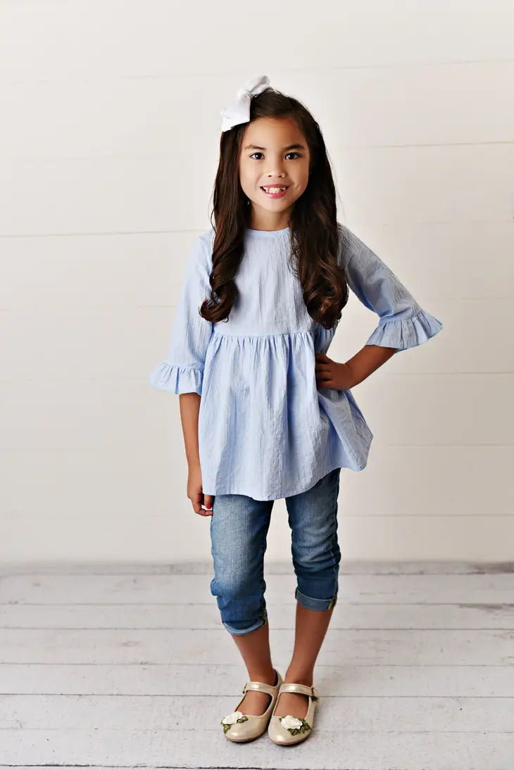 Light Blue Tunic with Button Back and Flare Arms