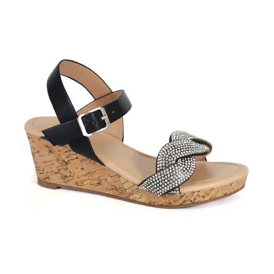 Girls Braided Stone Strap Wedge Sandals - Black