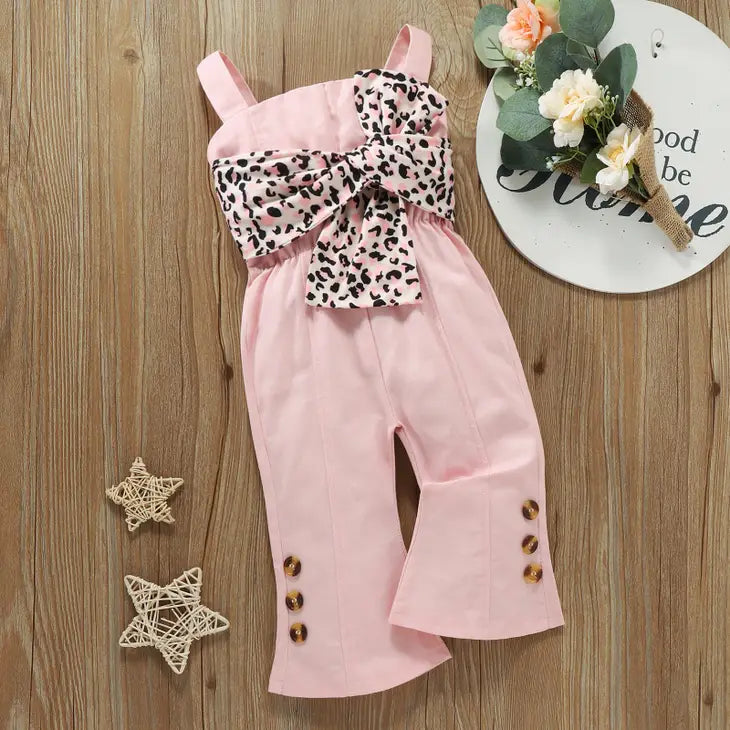 Pink Denim Leopard Print Bow Decor Sleeveless Baby Overalls