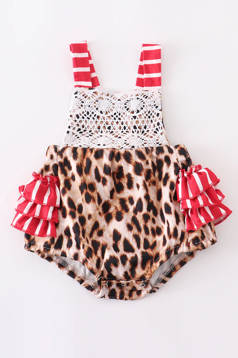 Leopard Baby Romper with Red Striped Ruffles
