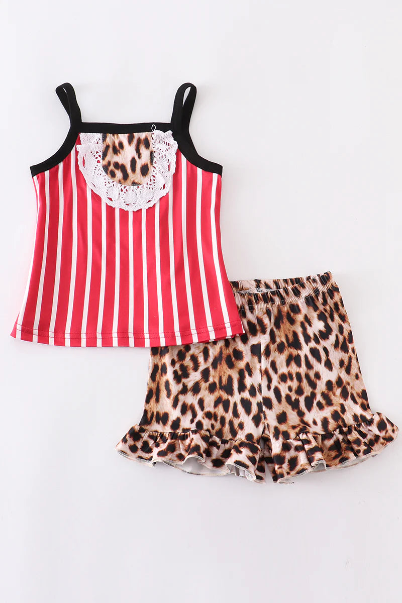 Red Striped Leopard Ruffle Shorts Set