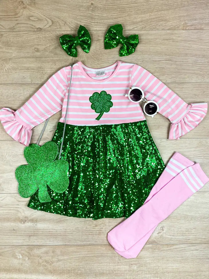 St. Patricks' Day Light Pink and White Striped Green Sequin Dress