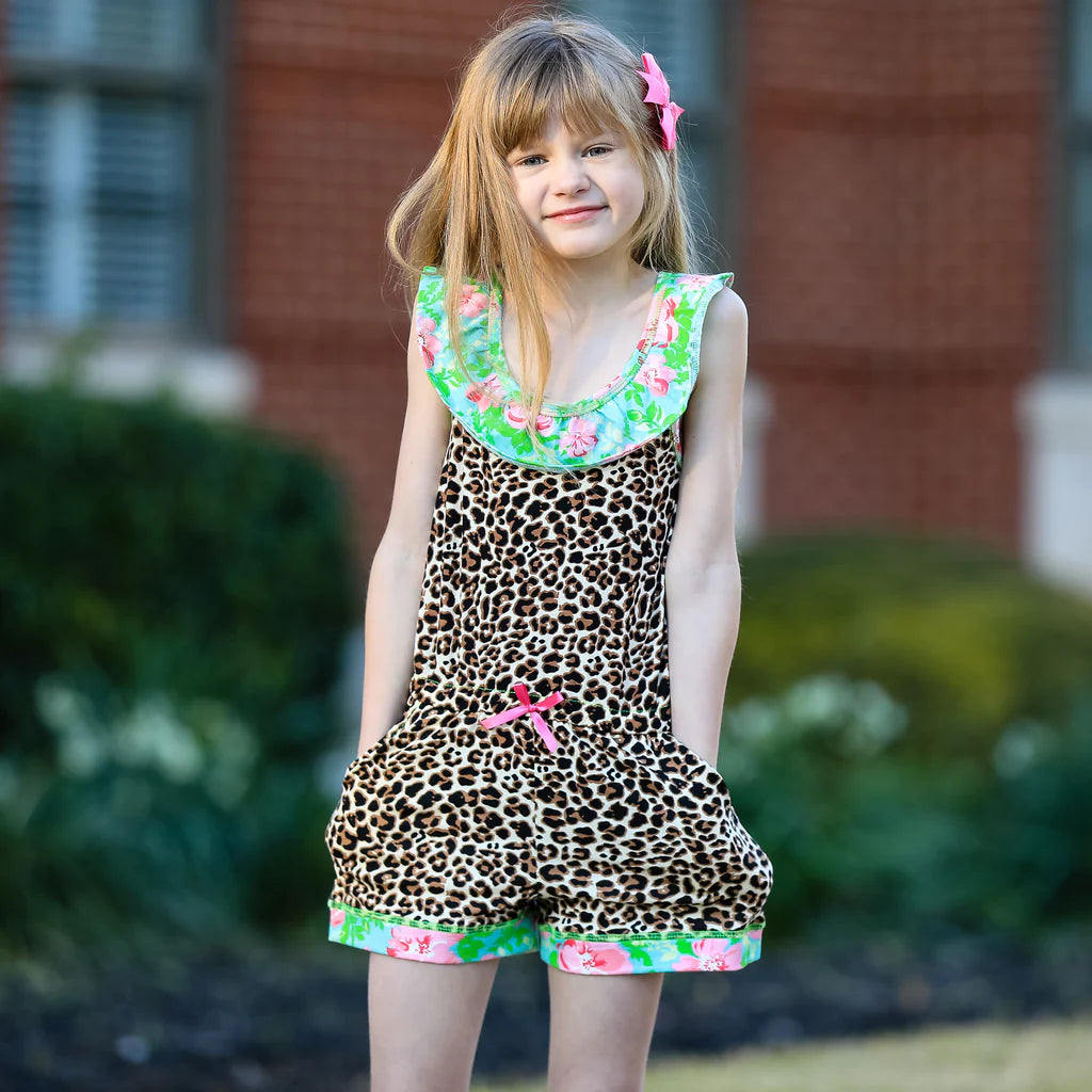 Girls Leopard Floral Cotton Jumpsuit/Romper