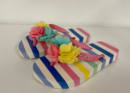 Pastel Flowered Striped Flip Flops