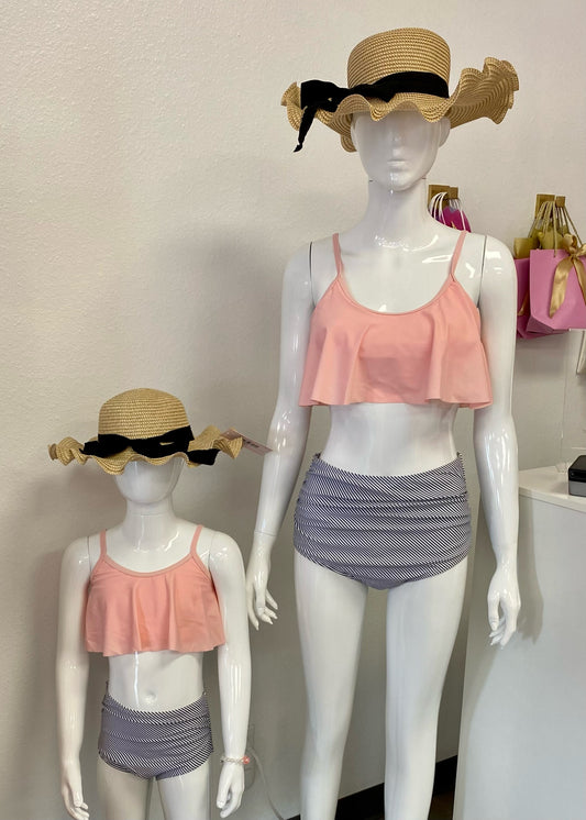Pink Stripe ruffle 2 pcs Mommy and Me Swimsuit - Girls