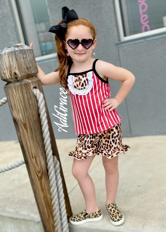 Red Striped Leopard Ruffle Shorts Set