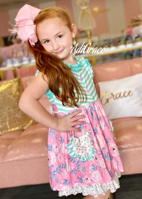 Aqua Stripe Floral Ruffle Dress