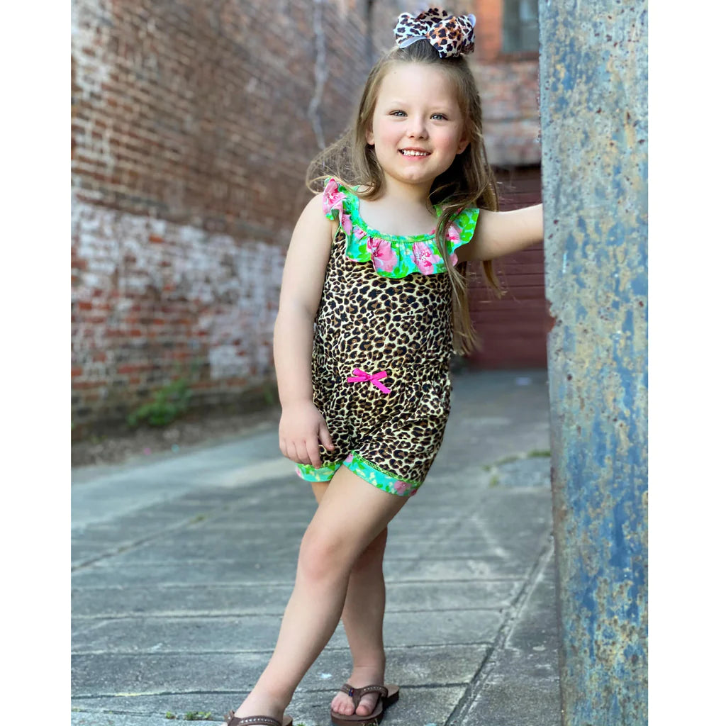 Girls Leopard Floral Cotton Jumpsuit/Romper