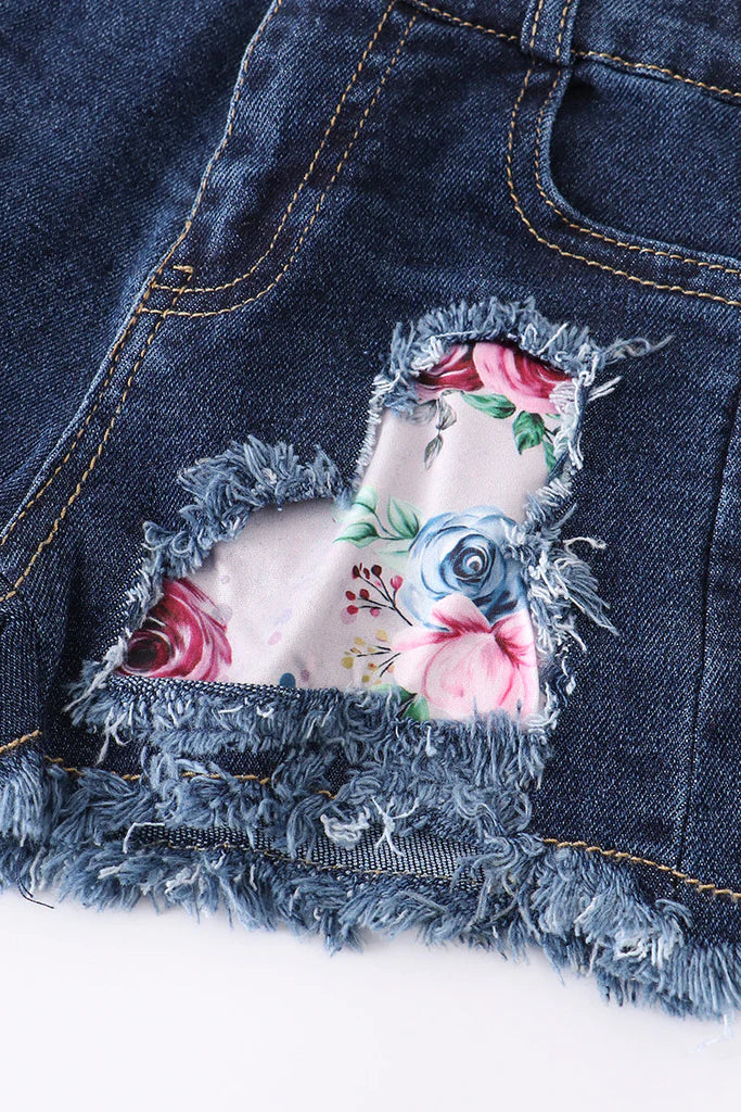 Fuchsia and Floral Top with Distressed Denim Shorts